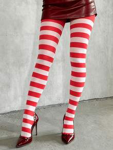 Halloween Horror Season Cosplay Essential Red & White Striped Opaque Tights Halloween Costume Leggings - Multicolor - View 1