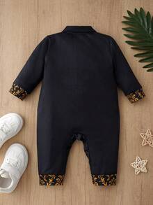 Vintage Floral Gentleman Style Baby Boy Jumpsuit, Gold Foil Pattern Lapel Snap Button Infant Wear - Multicolor - View 3