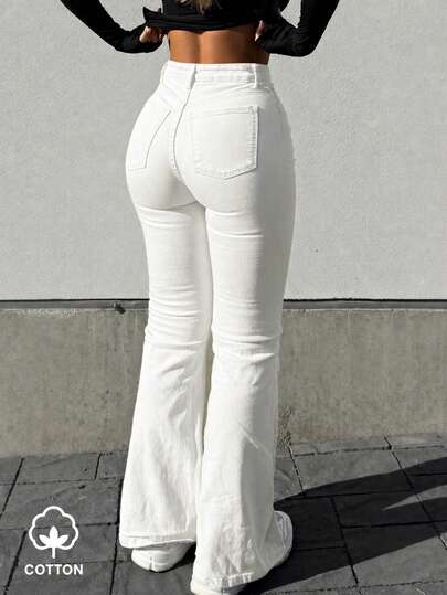 MYOURSA High-Waisted Flare Jeans, Women's Stretch Boot-Cut Pants, Y2K Streetwear Casual Retro Fashion, White Spring, Aesthetic