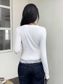 Atasan Lengan Panjang Wanita SCARLUX Musim Gugur/Musim Dingin Gaya Y2K, Kancing Depan, Hem Renda, Potongan Pendek untuk Kembali ke Sekolah, Perjalanan ke Rumah, dan Pakaian Sehari-hari - Putih - View 2
