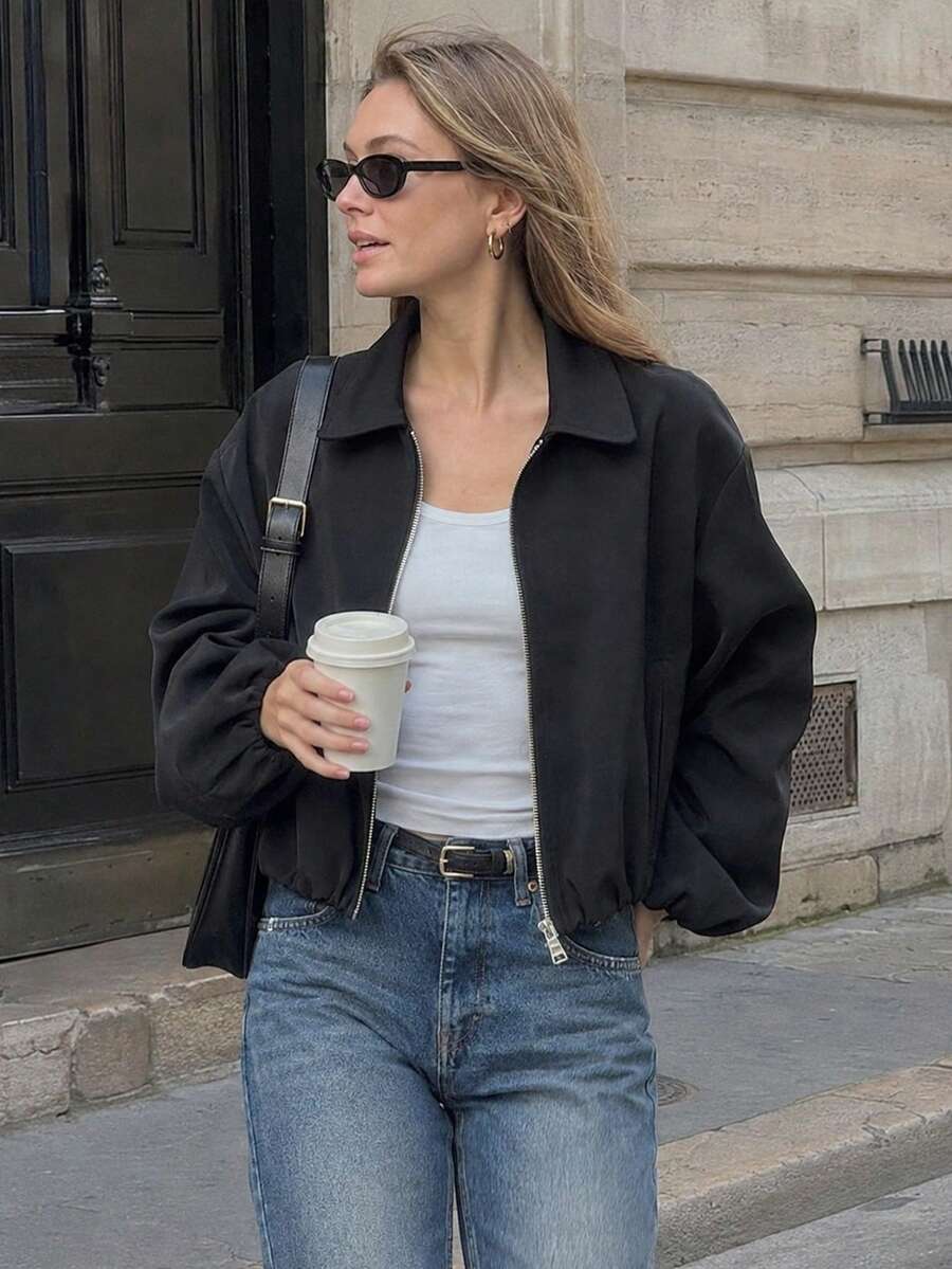 Women's Short Jacket, Long Sleeve Cropped Bomber Jacket, Black, Spring/Autumn - Black - View 1