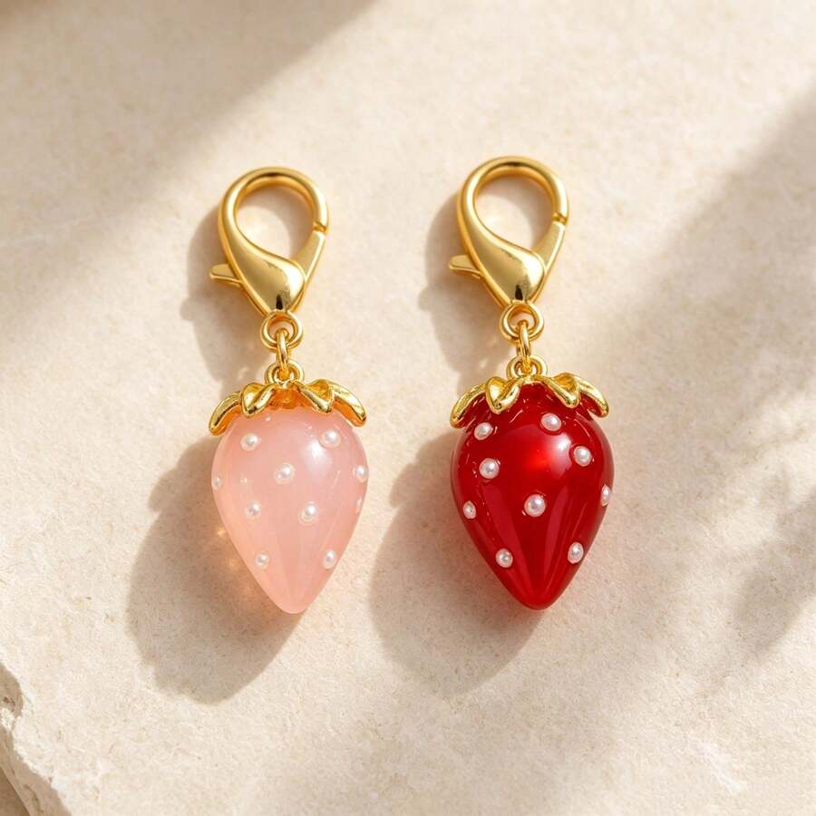 1 Set 2pcs Unisex Fun Realistic Personalized Transparent Strawberry Keychain, Simple Sweet Bow Key Ring Bag Pendant - Multicolor - View 1
