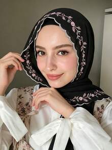 1件女款純色刺繡蕾絲長圍巾，夏季輕盈百搭透氣親膚，全包邊刺繡飾邊，柔軟垂墜高級感，適合日常穿搭 - 黑色 - 查看 3
