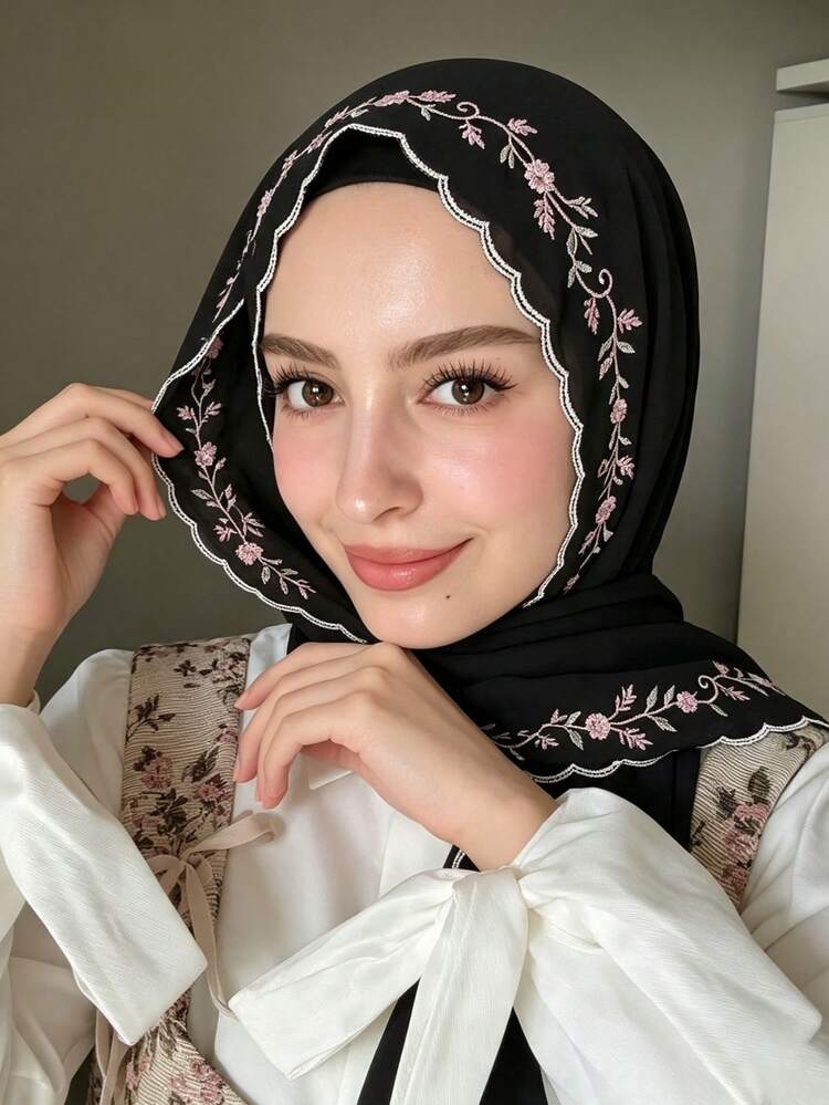 1PC Women's Solid Color Embroidered Lace Long Scarf, Summer Lightweight Versatile Breathable Skin-Friendly Scarf, Fully Hemmed Embroidered Edging, Soft Drape High-End, Suitable For Daily Wear - Black - View 2