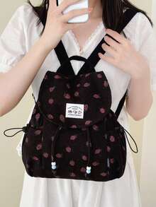 Dedoo Mochila de pana con cordón, bolsillos laterales con cordón de cuentas, gran capacidad, mochila escolar, mochila universitaria de campus, mochila de estilo retro dulce para campus - Negro - Ver 7