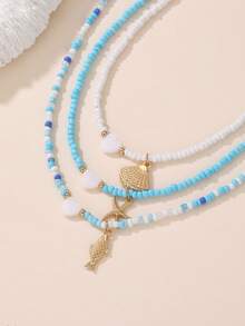 3pcs Girls Colorful Seed Bead Heart Pendant Necklace Set - Multicolor - View 2