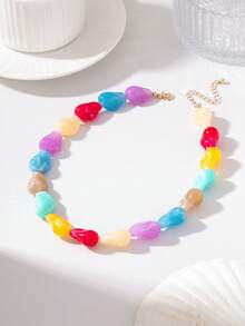 1pc Fashionable Cute Style Dopamine Heart Beaded Necklace, Suitable For Travel, Party, Birthday, Summer Vacation Wear - Colorful - View 3