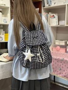 Dedoo 女款抽繩翻蓋後背包，格紋尼龍布料，蝴蝶結刺繡，無吊飾，大容量，可愛女孩後背包，適合上學、日常出行、旅行 - 黑色 - 查看 6