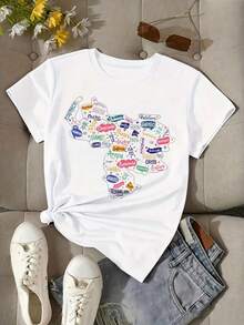 Casual Printed Women's T-Shirt, Multi-Language Text Design, Suitable For Daily Wear In Summer, A Gift For Friends,  Mujer, Choni, Frenchy Mujer, - 白色 - 查看 5