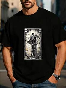 Men's Gothic Occult Tarot Death Card T-Shirt - Heavyweight Gsm Black Vintage Skeleton & Thirteen Number Design With Death Card Motif, Gothic Lettering - 黑色 - 查看 7