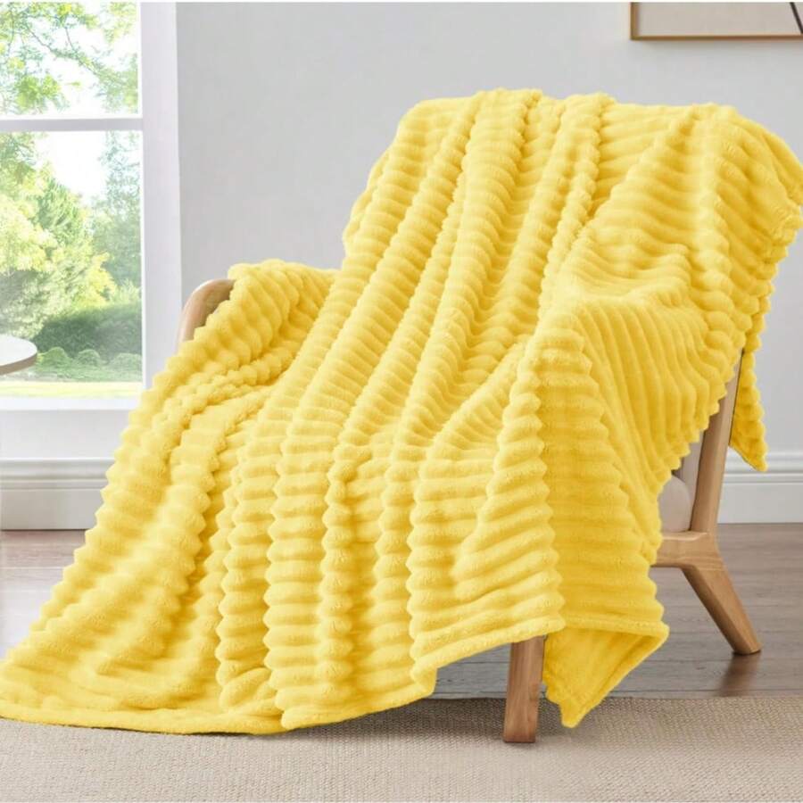 1件純色條紋格紋柔軟羊毛抓絨毯，臥室房間裝飾，四季通用，沙發披毯