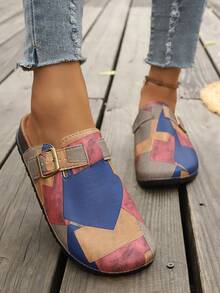 Vintage Colorblock Closed Toe Half-Slingback Women's Mori Style Patchwork Flat Casual Mule Slides - Color - View 4