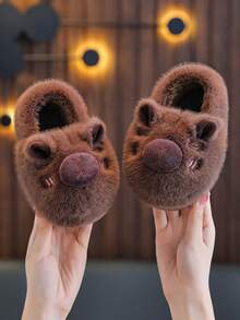 1 Pair Capybara Kids Plush Slippers, Boys Winter Cartoon Cute Non-Slip Indoor Girls Baby Fuzzy Slippers - Brown - View 3