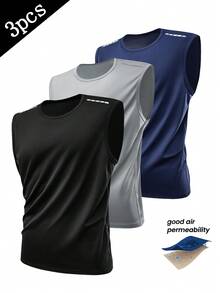 3pcs Men's Mesh Fabric Solid Color Sleeveless Sports Tank Top, Casual Fitness Running Vest Black Summer - Black - View 1