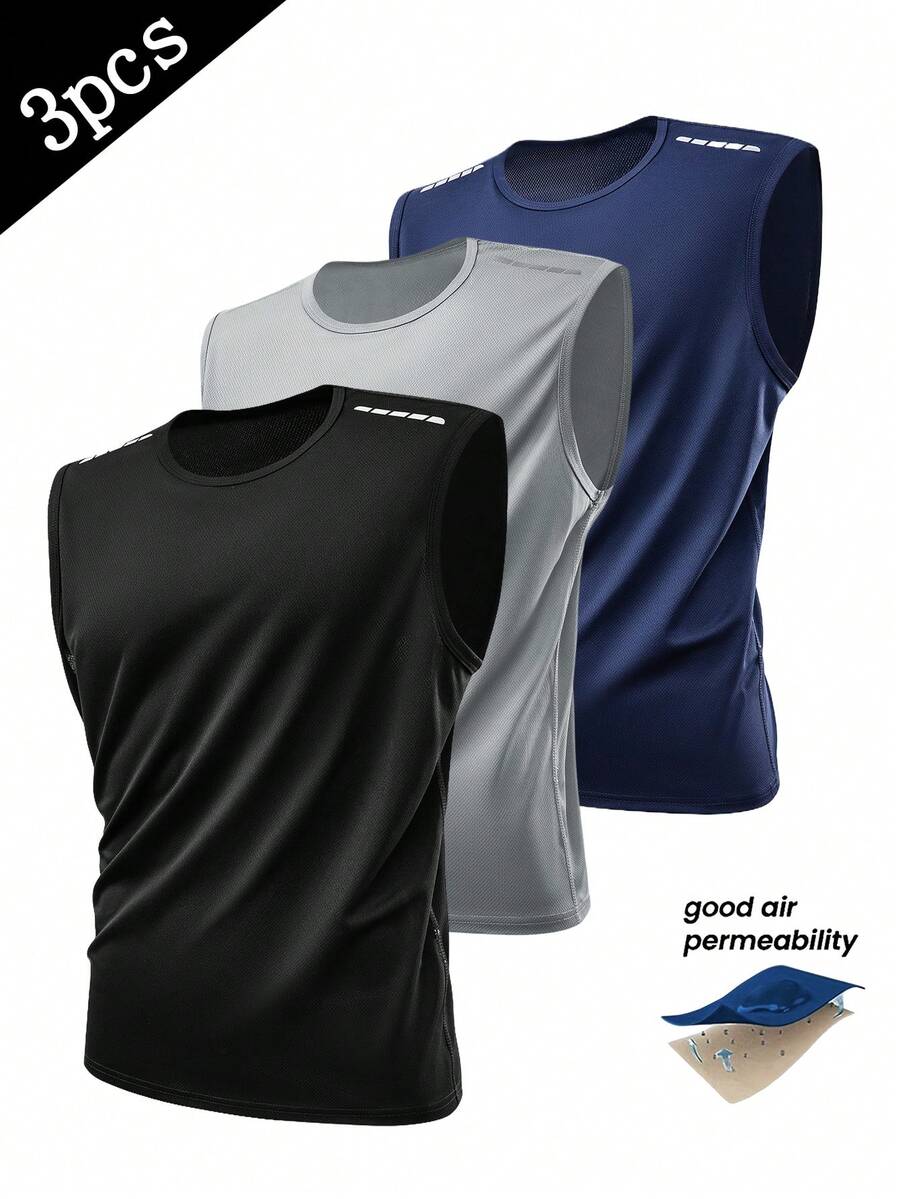 3pcs Men's Mesh Fabric Solid Color Sleeveless Sports Tank Top, Casual Fitness Running Vest Black Summer - Black - View 1