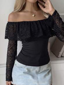 SCARLUX Women Off Shoulder Ruffled Lace Long Sleeve Top,Slim Fit Ruched Solid Black Blouse,Fall Winter Elegant Homecoming Daily Party Streetwear - Black - View 8