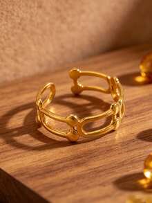 Minimalist European & American Vintage Style Luxury Double-Layer Chain Open Gold Ring, Exquisite Hollow Pig Nose Design, Adjustable Size, Suitable For Daily Wear And Layering, Niche High-End Women's Jewelry, Versatile For Commuting And Travel, Perfect For Personal Use Or Gifting - U-shaped Ring - View 2