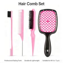 Multi-Function Hair Styling Set, Hollow Massage Comb, Steel Needle Tail Comb, Hair Styling And Braiding Auxiliary Tools - Pink - View 4