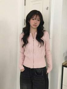 韓式溫柔圓領麻花編織紋理拉鍊開襟衫 修身顯瘦長袖內搭層休閒百搭秋冬女款毛衣 - 粉色 - 查看 3