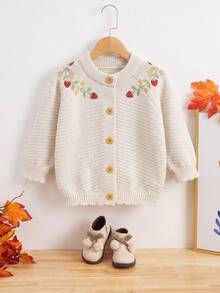 Handmade Knitted Strawberry Pattern Crew Neck Sweater For Baby Girls - Apricot - View 1