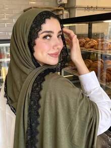 1pc New Silk Cotton Lace Scarf, Women's Muslim Hijab, Daily Soft Breathable Long Scarf, Elegant Headscarf, Versatile Elastic Shawl - Multicolor - View 13