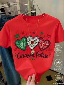 Camiseta estampada para mujer con diseño de tres corazones con flores en colores rojo y verde, decoración floral simétrica estilo dibujo a mano,Viva México!  Independencia de México - Rojo - Ver 1