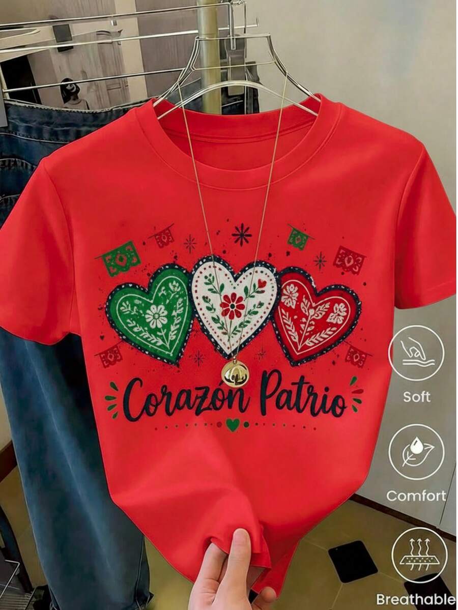 Camiseta estampada para mujer con diseño de tres corazones con flores en colores rojo y verde, decoración floral simétrica estilo dibujo a mano,Viva México! Independencia de México - Rojo - Ver 1