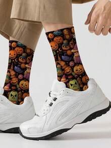 1 Pair Women's Mid-Calf Socks With Multiple Expressions, Pumpkin Witch Hat And Cute Ghost 360° Full Print, Fun Halloween Party Cosplay Casual Daily Socks, Unisex Style, Ideal Gift Choice - Multicolor - View 3