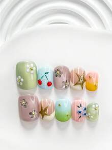 10片裝韓系清新手工穿戴甲 Polygel 凝膠美甲套組，櫻桃、海星、藍莓圖案，藍綠色系活力風，含美甲工具，3種尺寸可選，方型、短方型、杏仁型，適合派對、舞蹈、日常配戴 - 彩色 - 查看 2