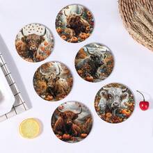 6pcs/Set Or 420pcs/70sets Autumn Series Highland Cow Pattern Printed Beverage Coasters, 10cm/2mm Thick Rubber Soft Bottom Round Absorbent Rubber Beverage Coasters, Soft Rubber Backing, Decorative Coasters, Suitable For Cups, Home Kitchen Dining Table Decor Placemats, Decorative Coasters, Kitchen Decor, Dining Table Decor - Multicolor - View 13