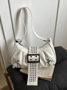Fashionable High-End Buckle Strap Solid Color Baguette Bag, Y2K Hot Girl Motorcycle Shoulder Bag, Suitable For Daily Street Style, Socializing, Parties, Gifts - White - View 7
