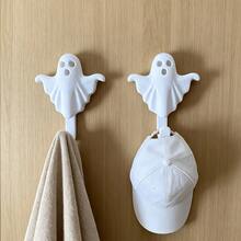 3pcs Halloween White Ghost Adhesive Wall Hooks, Wood Grain No-Drill Decorative Hooks, Cute Ghost Shaped Hooks, Suitable For Hats, Towels, Keys, Bags, Halloween Indoor Home Bathroom Entryway Wall Decoration - Multicolor - View 4