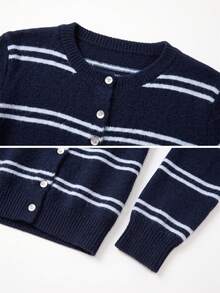 Wixra Navy White Striped Crew Neck Button Front Cropped Knit Cardigan, Casual Long Sleeve Sweater Jacket - Navy Blue - View 7