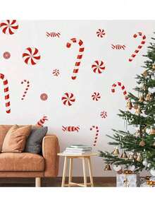 10pcs/Sheet Christmas Candy Decorative Wall Stickers, Window Decals, Red And White Candy Cane Peppermint Pattern PVC Wall Stickers, Self-Adhesive Removable Waterproof Decorative Stickers, Suitable For Living Room, Bedroom, Home Decor, Holiday Atmosphere Decoration Candy Stickers - Multicolor - View 8