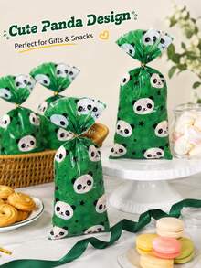 50/100pcs Green Panda Print OPP Treat Bags With Gold Twist Ties, Cute Cartoon Animal And Star Pattern Candy Snack Gift Packaging Bags, Clear Party Favor Pouches For Birthday Celebrations, Panda Theme Dessert Tables, Bakery Packaging, Reusable Bags - Multicolor - View 5