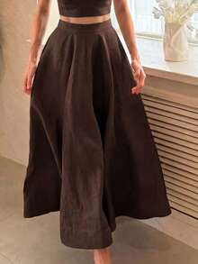 Rok Midi Lebar dengan Detail Jahitan Pinggang Tinggi, Rok Panjang Model Terompet A-Line Elegan, Musim Gugur/Dingin - Cokelat tua - View 1