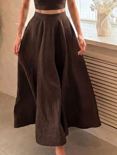 Rok Midi Lebar dengan Detail Jahitan Pinggang Tinggi, Rok Panjang Model Terompet A-Line Elegan, Musim Gugur/Dingin