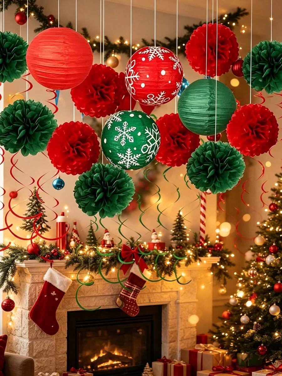 26/2pcs Bunga Kertas Merah & Hijau Natal, Lampion Kepingan Salju dan Dekorasi Spiral, Dekorasi Langit-langit Liburan, Cocok untuk Acara dan Pesta Natal, Juga Cocok untuk Dekorasi Rumah, Jendela dan Toko - MultiWarna - View 1