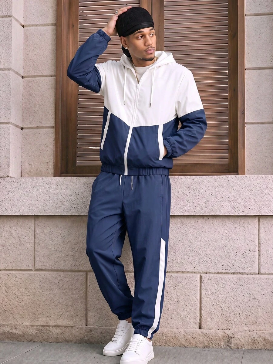 2件/套 男士透氣撞色跑步健身運動套裝，包含外套與長褲，男友風運動服，休閒運動裝 - 寶藍色 - 查看 1