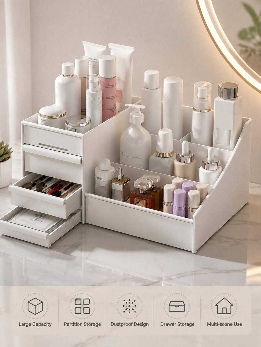 1pc Cosmetic Storage Box With Drawer, Suitable For Vanity, Kitchen Countertop And Bathroom Sink. It Can Also Store Makeup Brushes, Lotions, Lipsticks And Perfumes, Including Storage Compartments For Rings, Pendants, Earrings And Necklaces. This Storage Box Has A Large Capacity And Is Suitable For Use In The Bathroom And Bedroom. - Multicolor - View 1