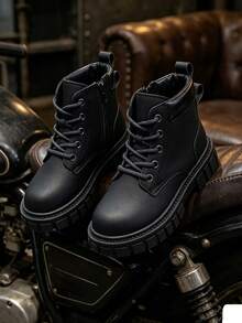 1 Pair Kids Motorcycle Style Boots, Soft PU Round Toe Rubber Sole With Inner Zipper Design, Street Outdoor Short Boots, Suitable For Daily School And Vacation, Autumn/Winter New Style - Black - View 5