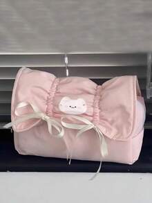 日韓風小眾設計 Ins 風奶油貓蝴蝶結筆袋，少女風大容量文具收納袋，多功能收納包 - 粉色 - 查看 4