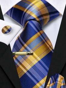 Blue Yellow Plaids Necktie Pocket Square Cufflinks Tie Clip 4pcs Pack For Business Conference & Trade Show Reception Event - Blue - View 1