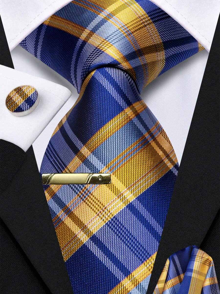 Blue Yellow Plaids Necktie Pocket Square Cufflinks Tie Clip 4pcs Pack For Business Conference & Trade Show Reception Event - Blue - View 1