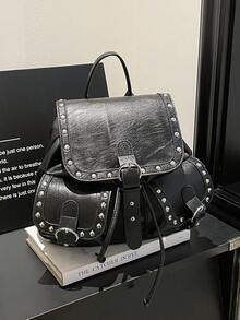 Dedoo Mochila con solapa y cordón, unicolor con ribete de remaches, bolsillos dobles, gran capacidad, mochila escolar, campus universitario, mochila diaria de estudiante estilo retro punk - Negro - Ver 3
