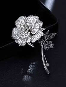 1pc Women's Brooch, Shawl, Cheongsam, Scarf, Square Scarf Accessory, Elegant High-End Women's Brooch, Rhinestone Rose Design - Silver - View 2