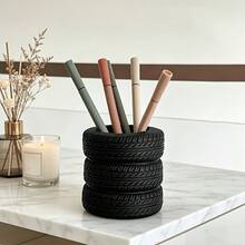 1pc Creative Realistic Tire Shaped Pen Holder, Car Enthusiast Desk Accessory, Personalized Desktop Storage Bucket, Stationery Office Organizer Decor - Multicolor - View 7
