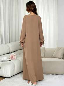 Elegant Double Layer Khimari Long Robe, Pearl Decorated Drawstring Sleeves, Loose Fit Modest Long Dress, Suitable For Middle Eastern Women - Multicolor - View 5