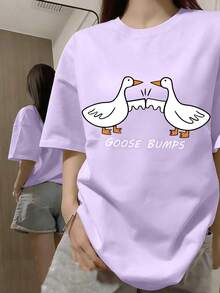 Girls' Cartoon Goose Print Short Sleeve T-Shirt, Girls' Summer Round Neck Blouse - Purple - View 1