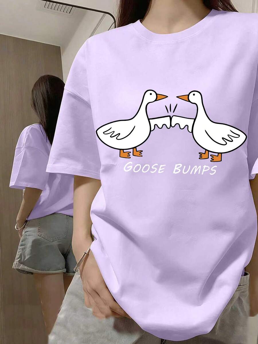 Girls' Cartoon Goose Print Short Sleeve T-Shirt, Girls' Summer Round Neck Blouse - Purple - View 1
